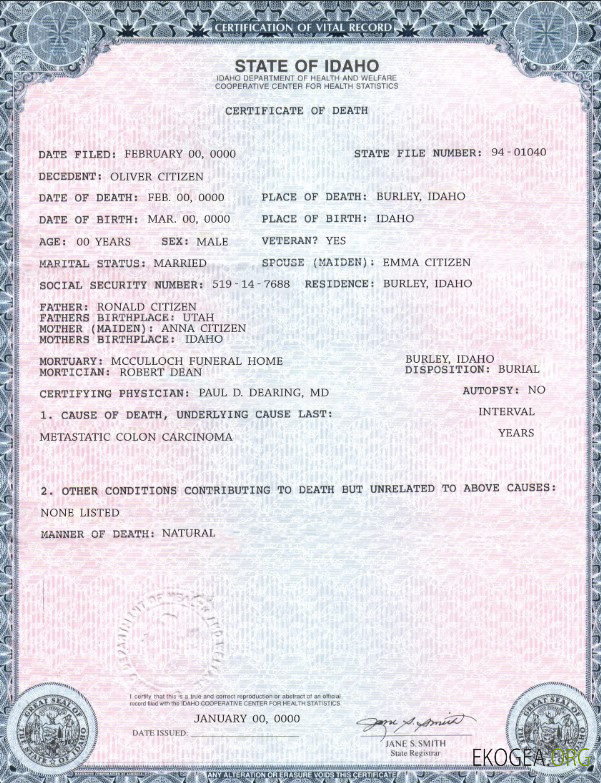 Modèle de certificat de décès de l'État de l'Idaho aux États Unis au format PSD